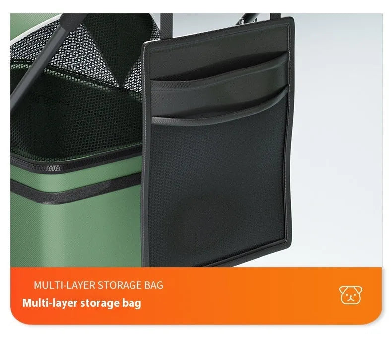 Black folding pet cart with detachable components and metal frame for pet transportation