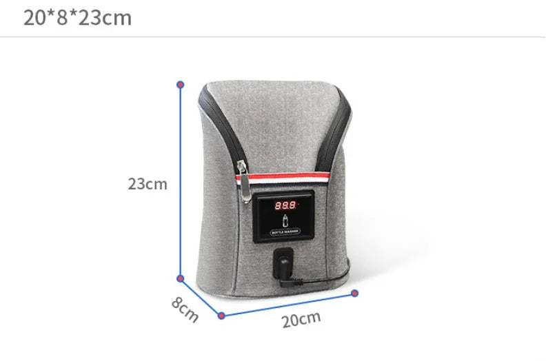 Grey portable baby bottle warmer with electronic display, car charger, and buckle for hanging on prams