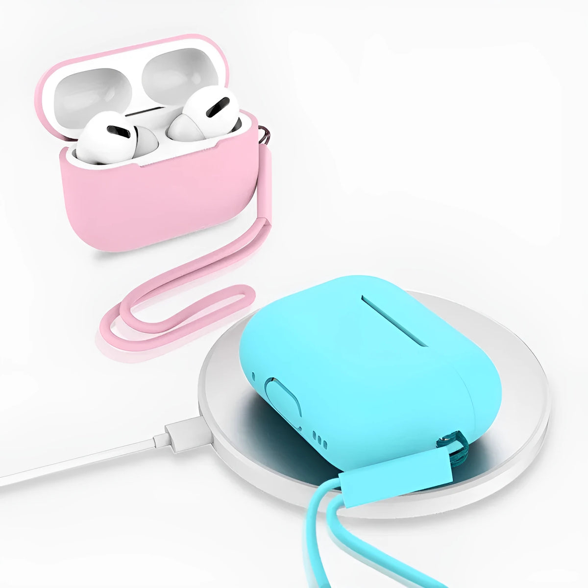 Silicone protective case for AirPods Pro 2 with attached lanyard in multiple colour options
