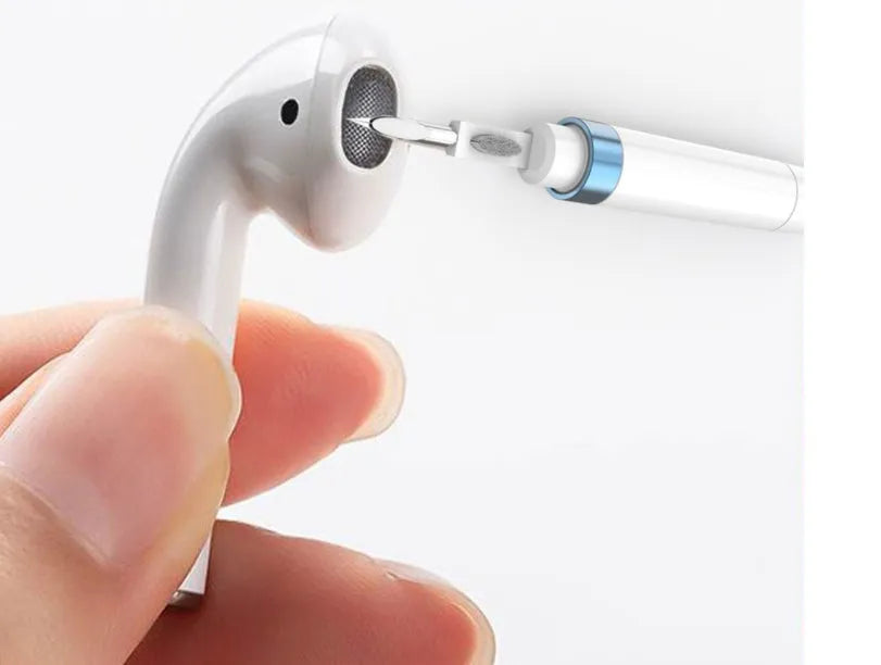 A blue headphone cleaning pen with a metal nib, brush, and sponge for cleaning electronics.