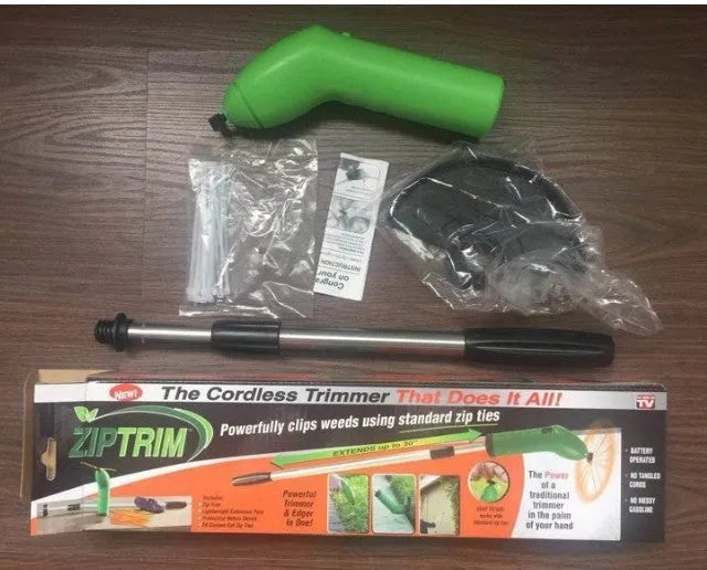 Cordless lawn trimmer with extension pole and protective debris shield for garden trimming tasks