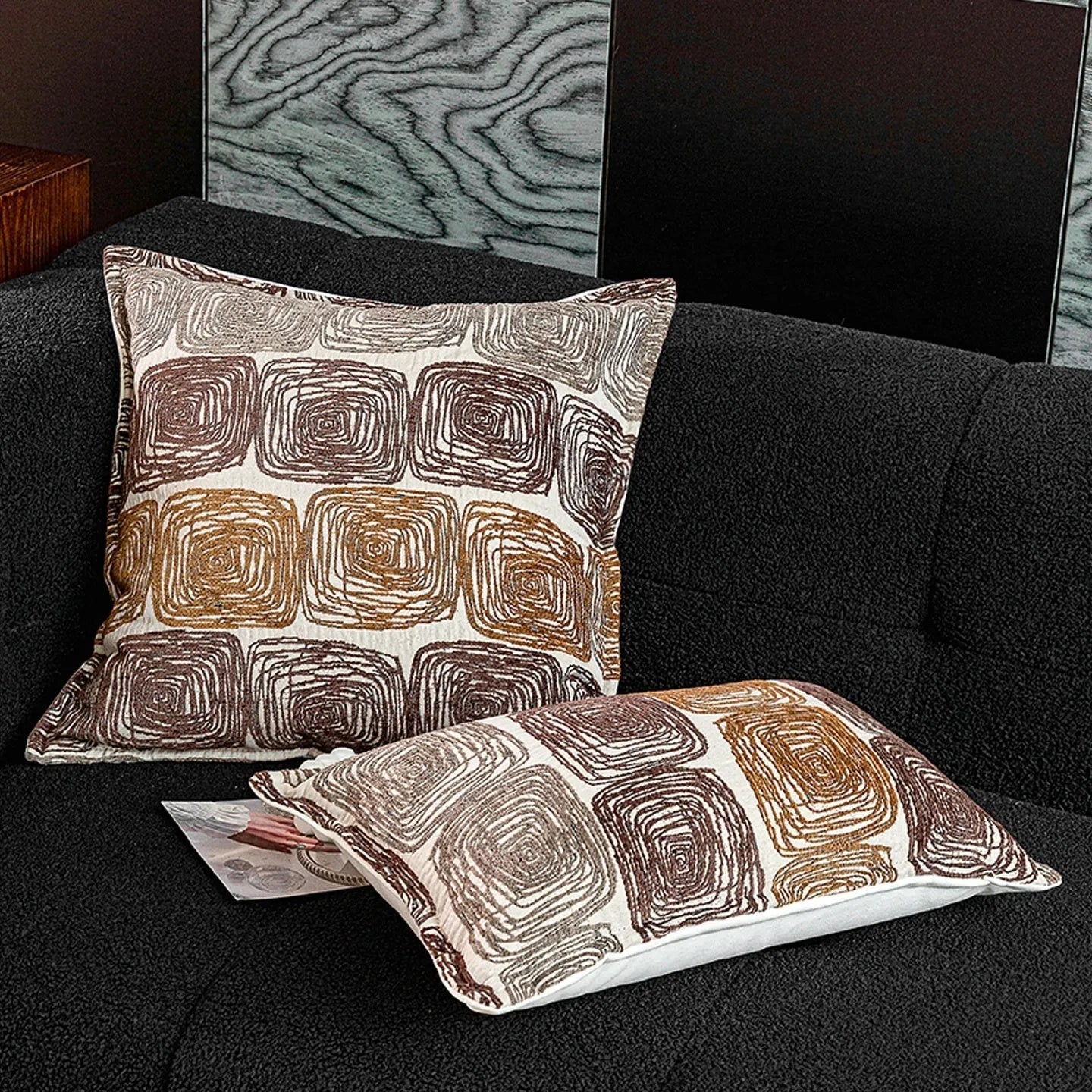 Cream and coffee abstract coil pattern pillow cover in 100% polyester feather velvet, 50x50cm square size