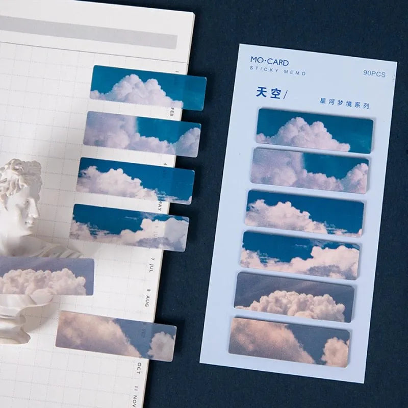 Beautiful Night Sky Star Index Post-It Notes in six colours: sky, moon, sea, fire, dusk, and forest