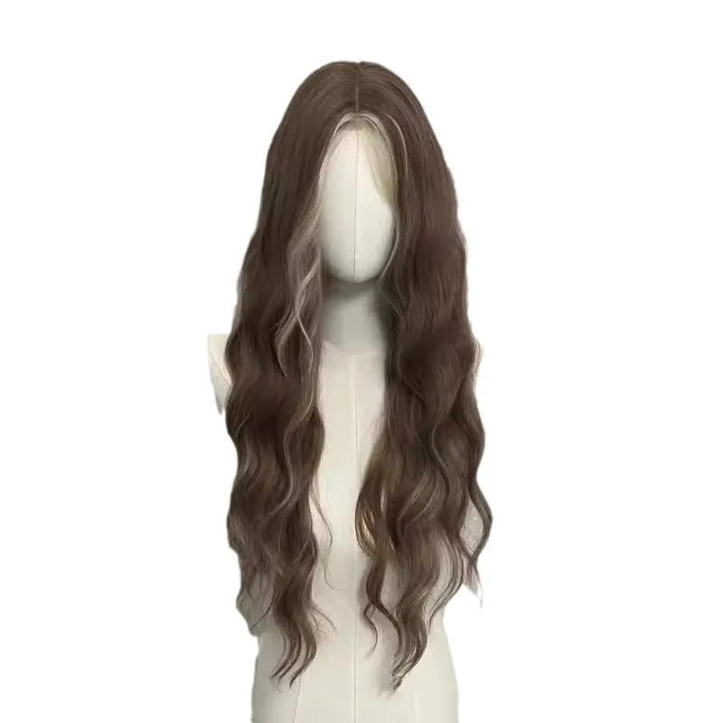 Long grey gold curly wig with lace front and golden highlights