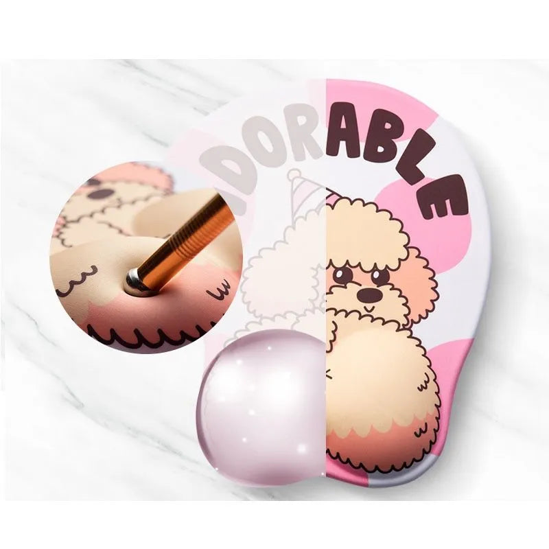 3D corgi design computer mouse pad with integrated soft wrist support cushion on desk.