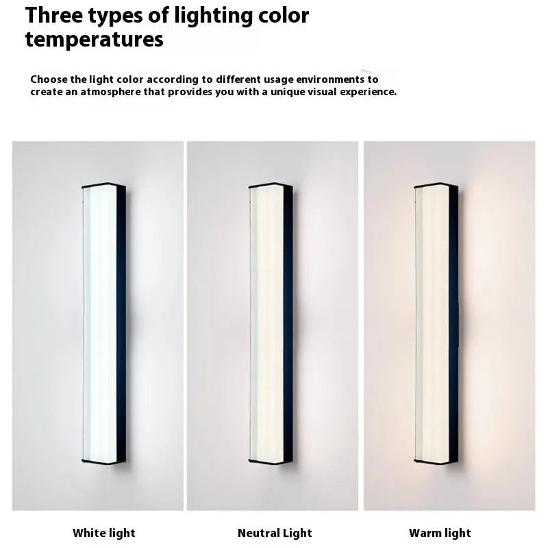Modern minimalist LED outdoor wall lamp with IP65 waterproof rating shown in courtyard setting