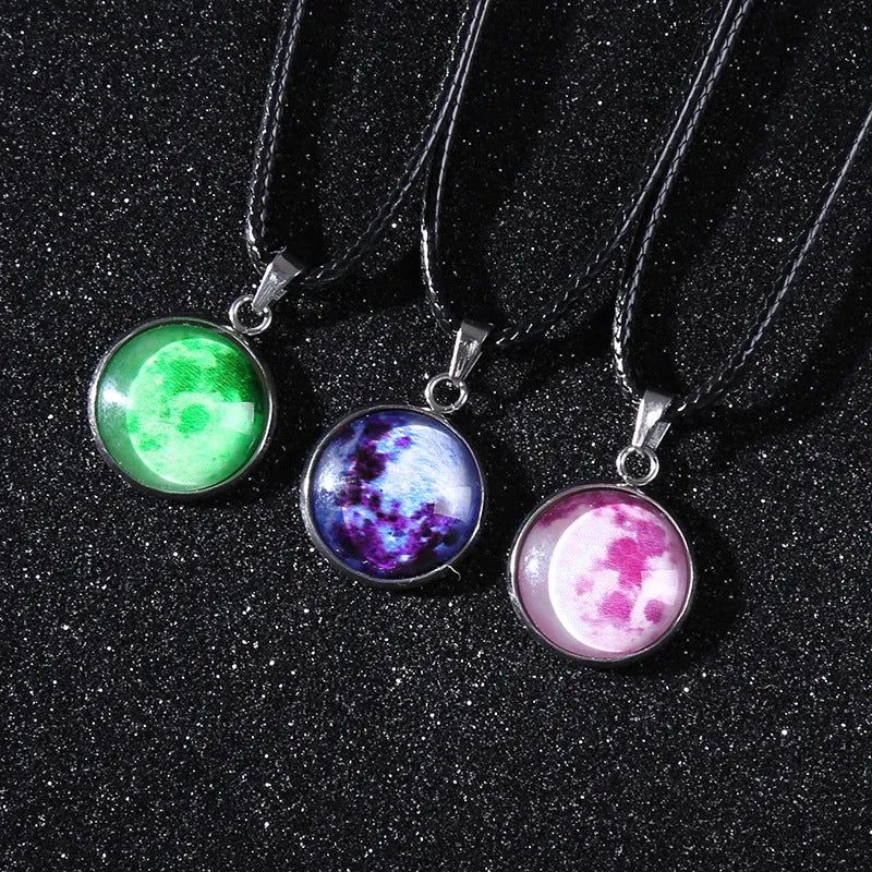 Time Stone constellation pendant necklace with organic glass pendant and alloy chain, showing adjustable length and colour options.