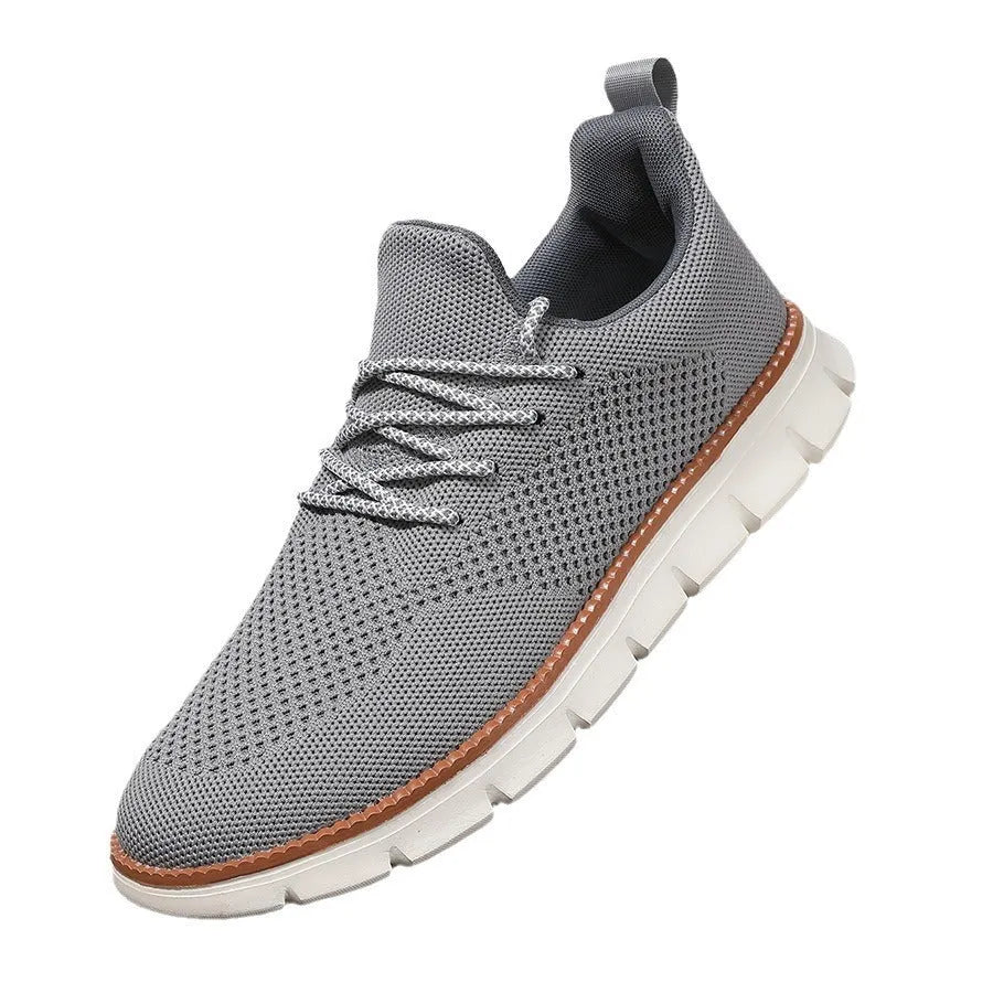 Men's grey and black fly woven mesh sneakers with round toe and low-heel design