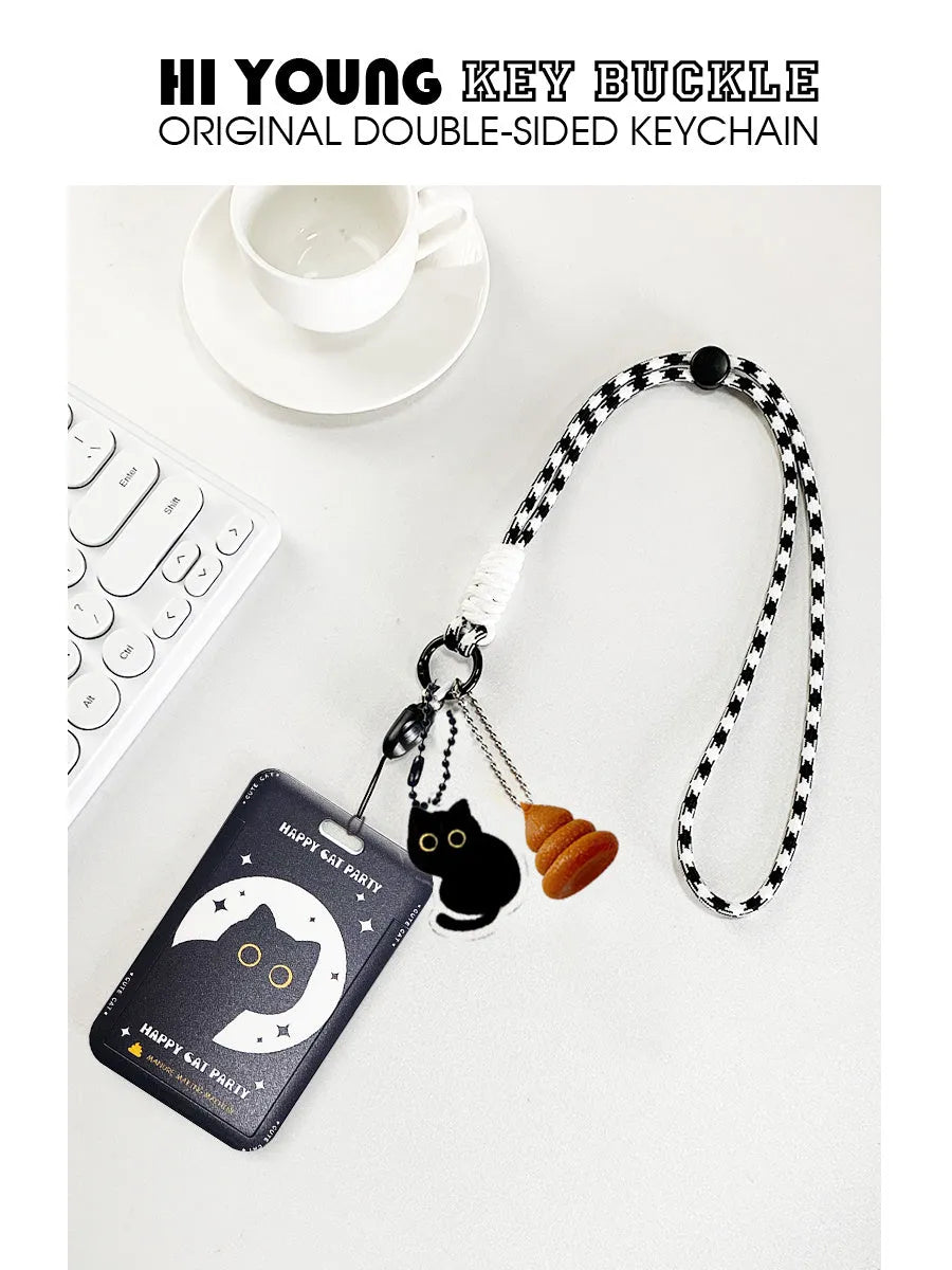 Plastic card holder with black cat cartoon design and pendant for bus cards and student IDs