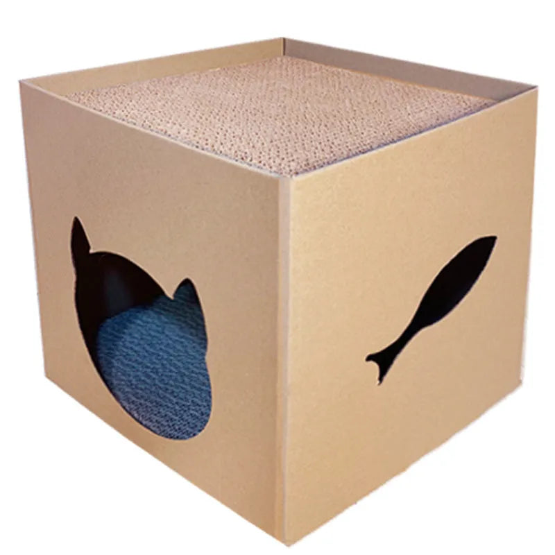 Vertical corrugated paper cat scratch board measuring 30cm cube in pet milk carton colour