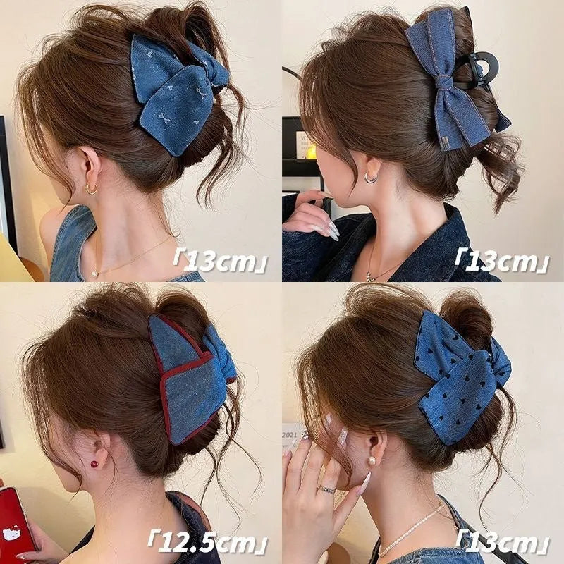 Handmade women's plastic hairpin with denim bow and triangular grip.
