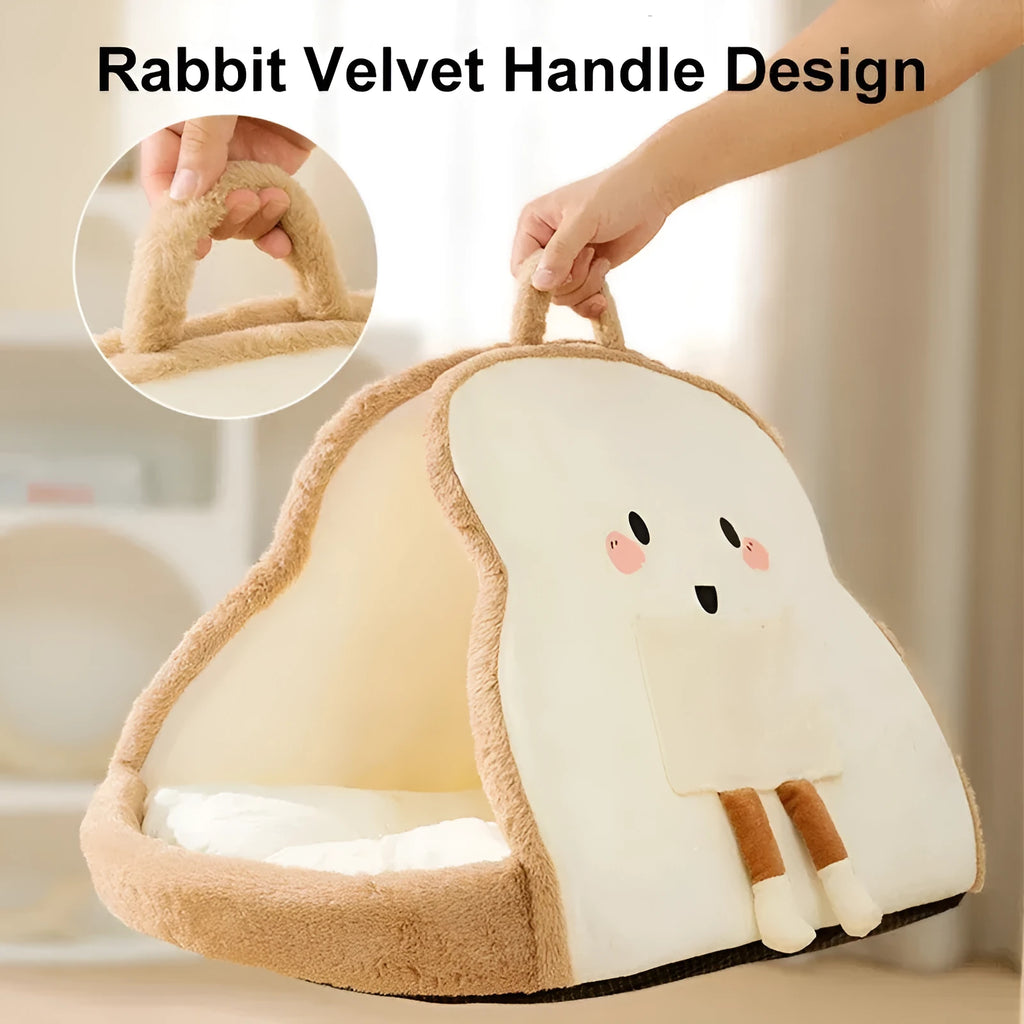 Green winter cat tent bed showing deep cave opening and soft interior, with size dimensions indicated