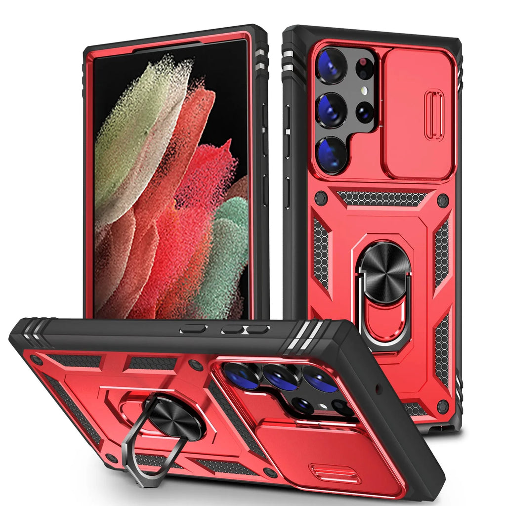 S24 Ultra phone case in black with sliding window bracket and drop-resistant PC cover
