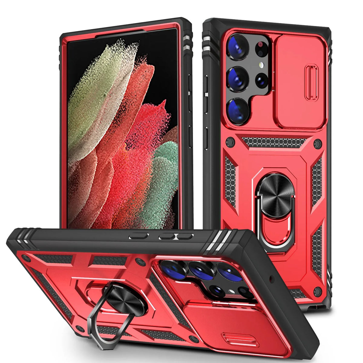 S24 Ultra phone case in black with sliding window bracket and drop-resistant PC cover