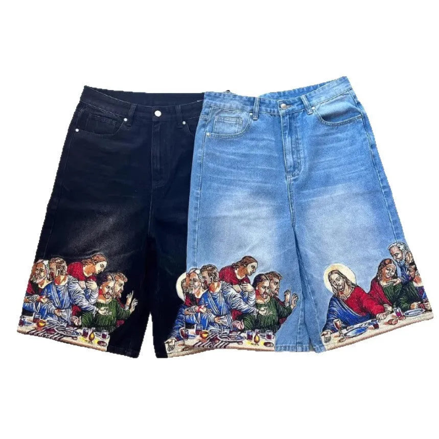 Blue men's cotton shorts with a Jesus design on the back pocket, showing tapered leg.