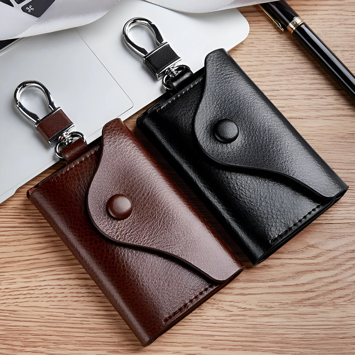 Genuine leather keychain card holder in square vertical design with internal key mapping