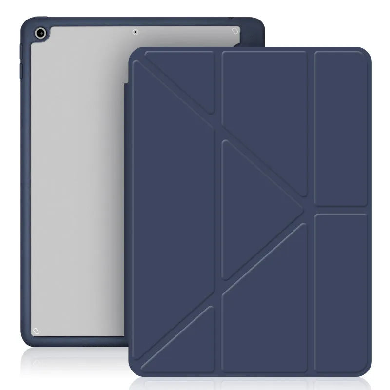 iPad acrylic Y folding protective case with pen slot in imitation leather, showing bracket function