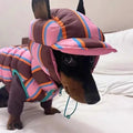 Dirty pink striped pet vest and matching hat set for winter wear