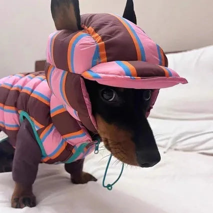 Dirty pink striped pet vest and matching hat set for winter wear
