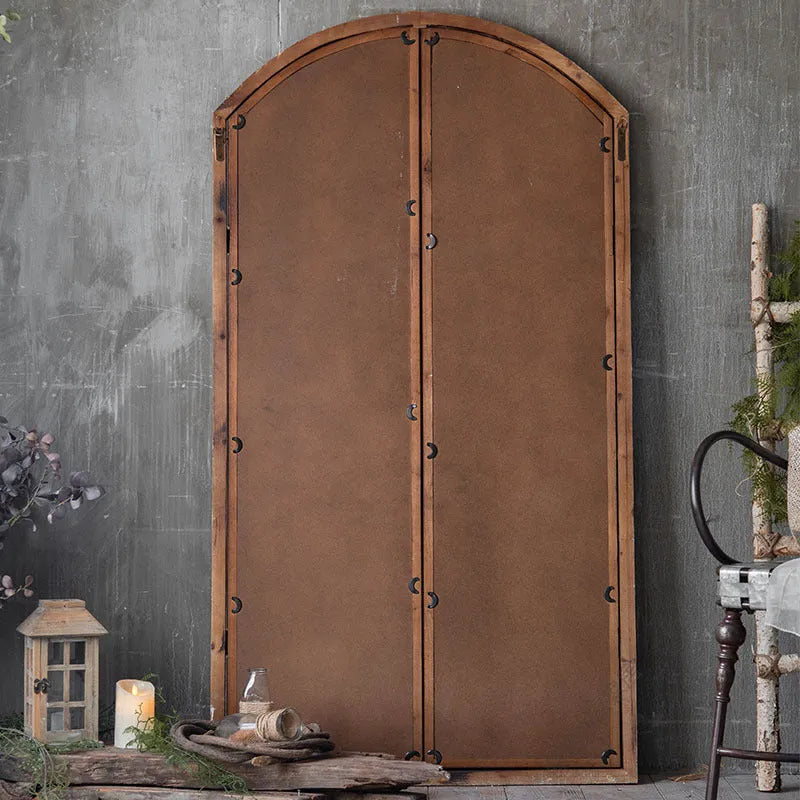Terrace distressed fake window wall mirror with wooden frame and glass panel in log colour