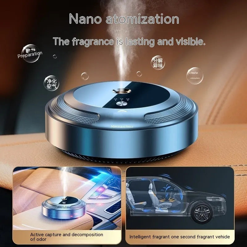 Compact automatic car air freshener machine with zinc alloy shell on a car dashboard.