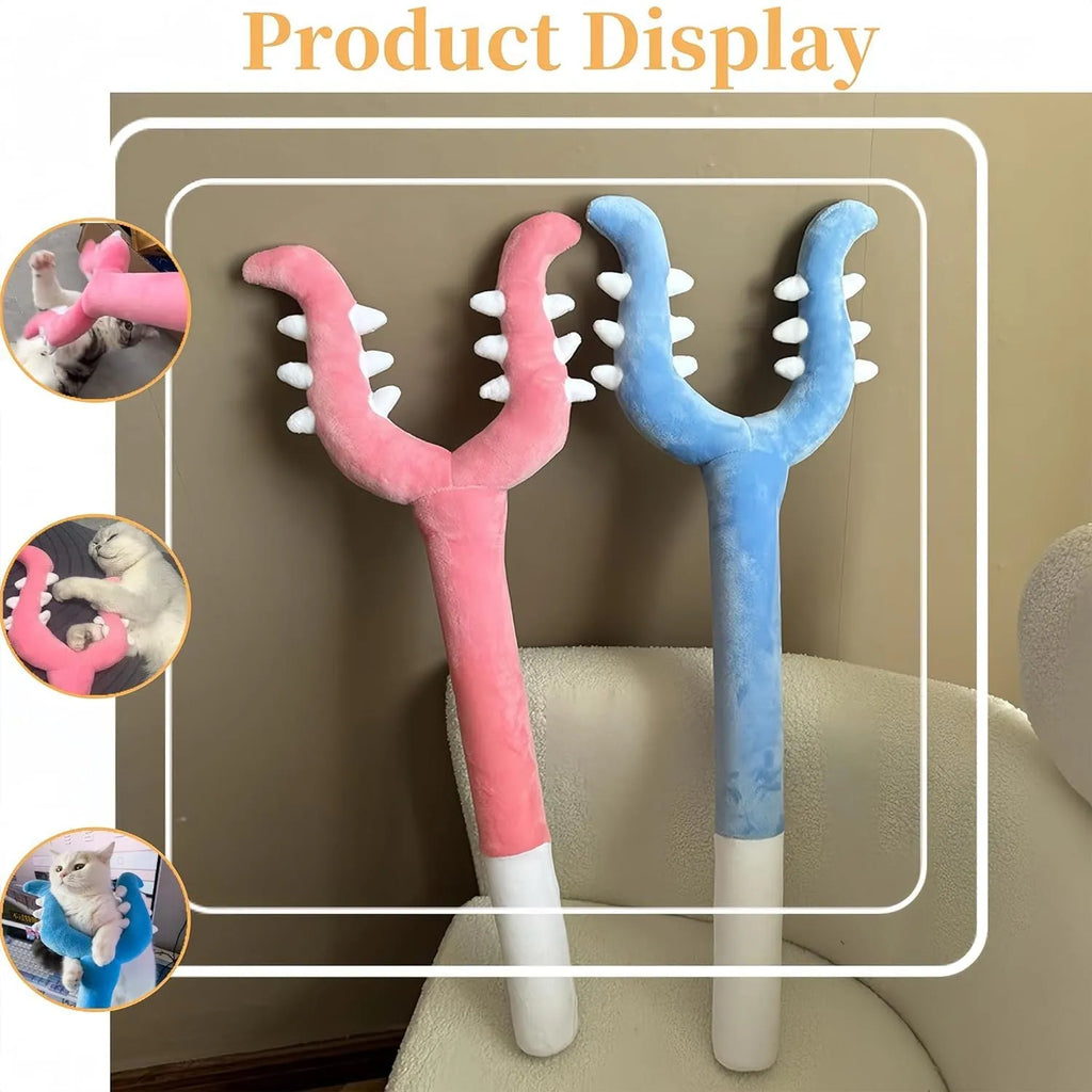 Blue plush cat wand toy with 70cm length shown during interactive play with cat
