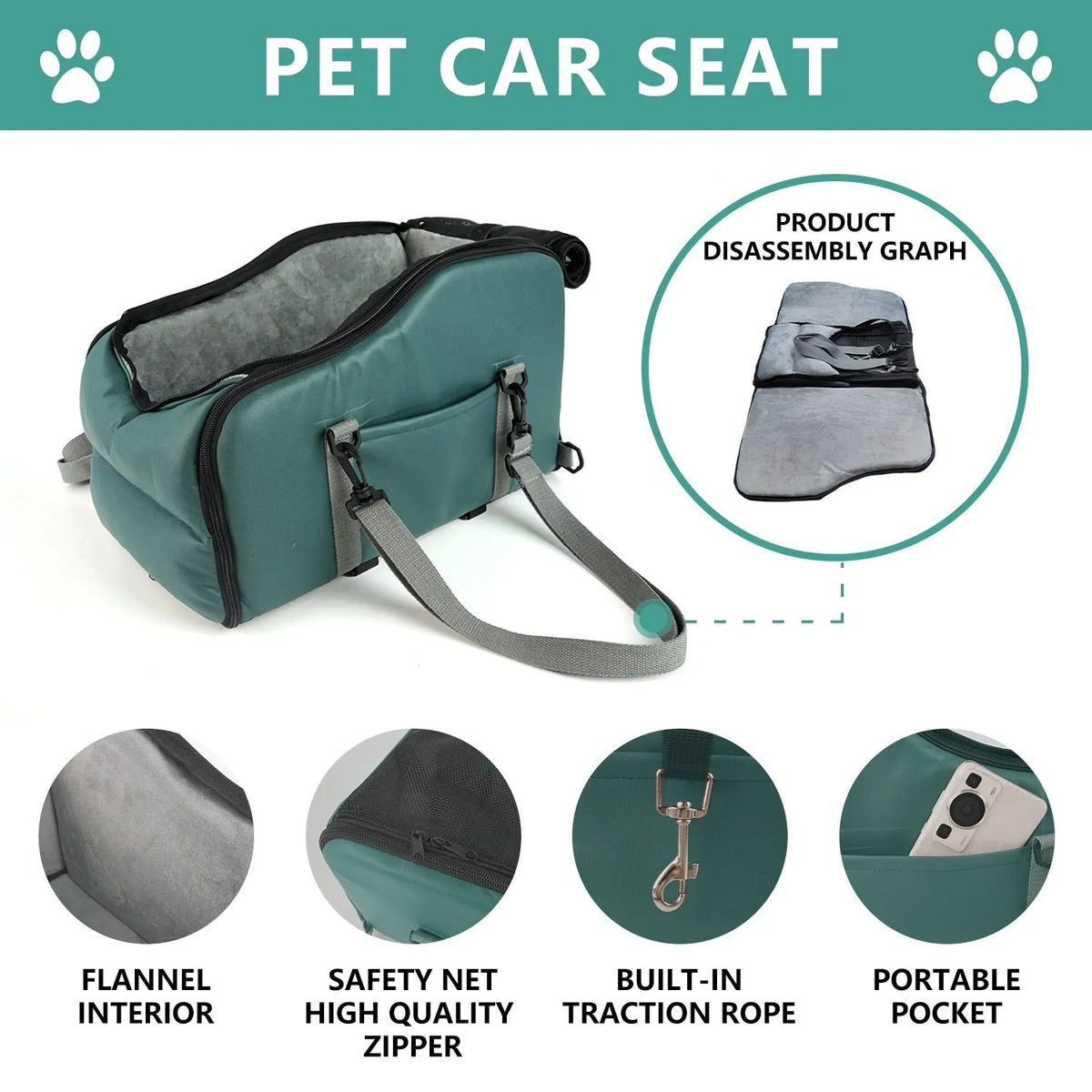 Removable washable car kennel portable pet mat in faux leather and 25D sponge, 45 x 22 x 26.5 cm