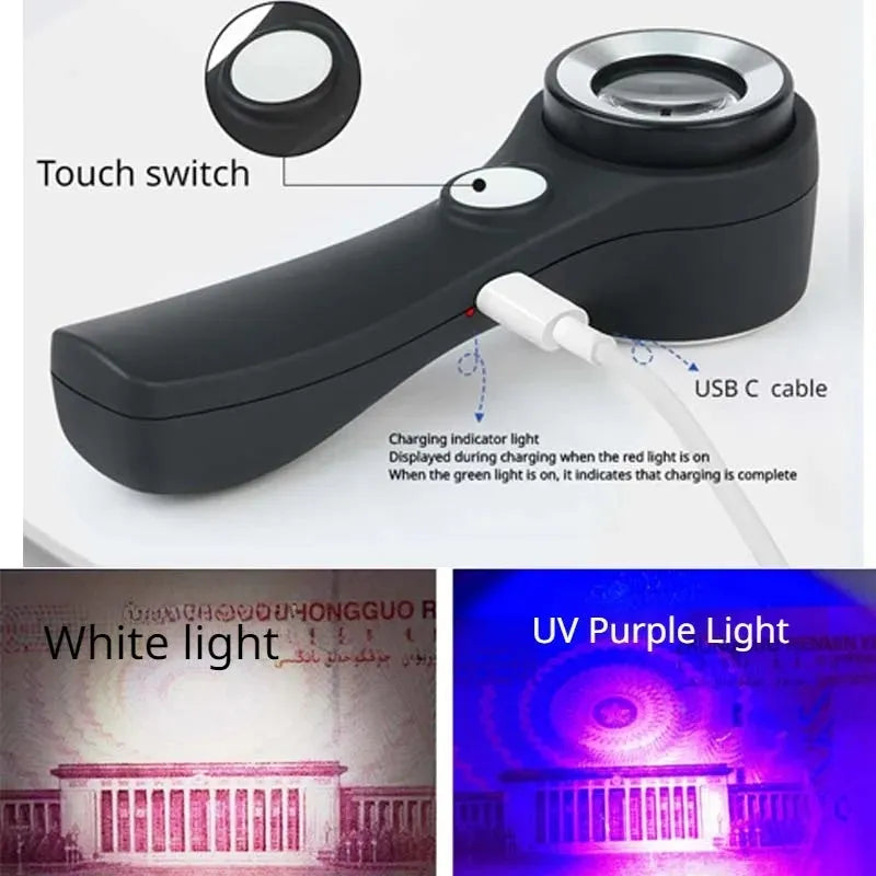 Black and silver jewellery appraisal magnifying glass with optical glass lens and USB-C cable on a table.