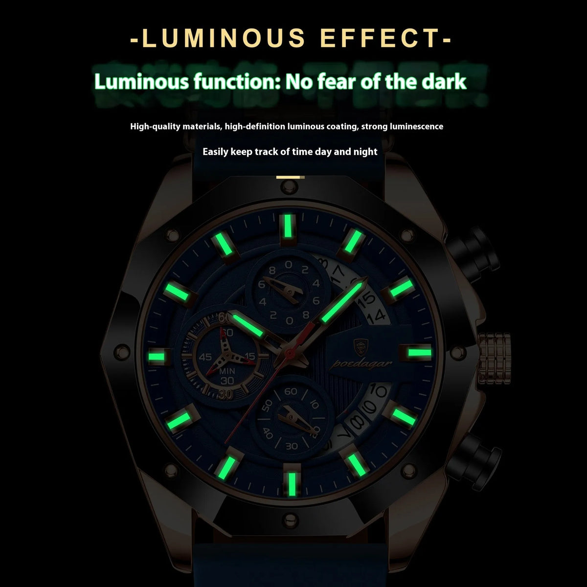 Men's chronograph watch with diamond-shaped dial on a silicone strap, showing rose gold case option.