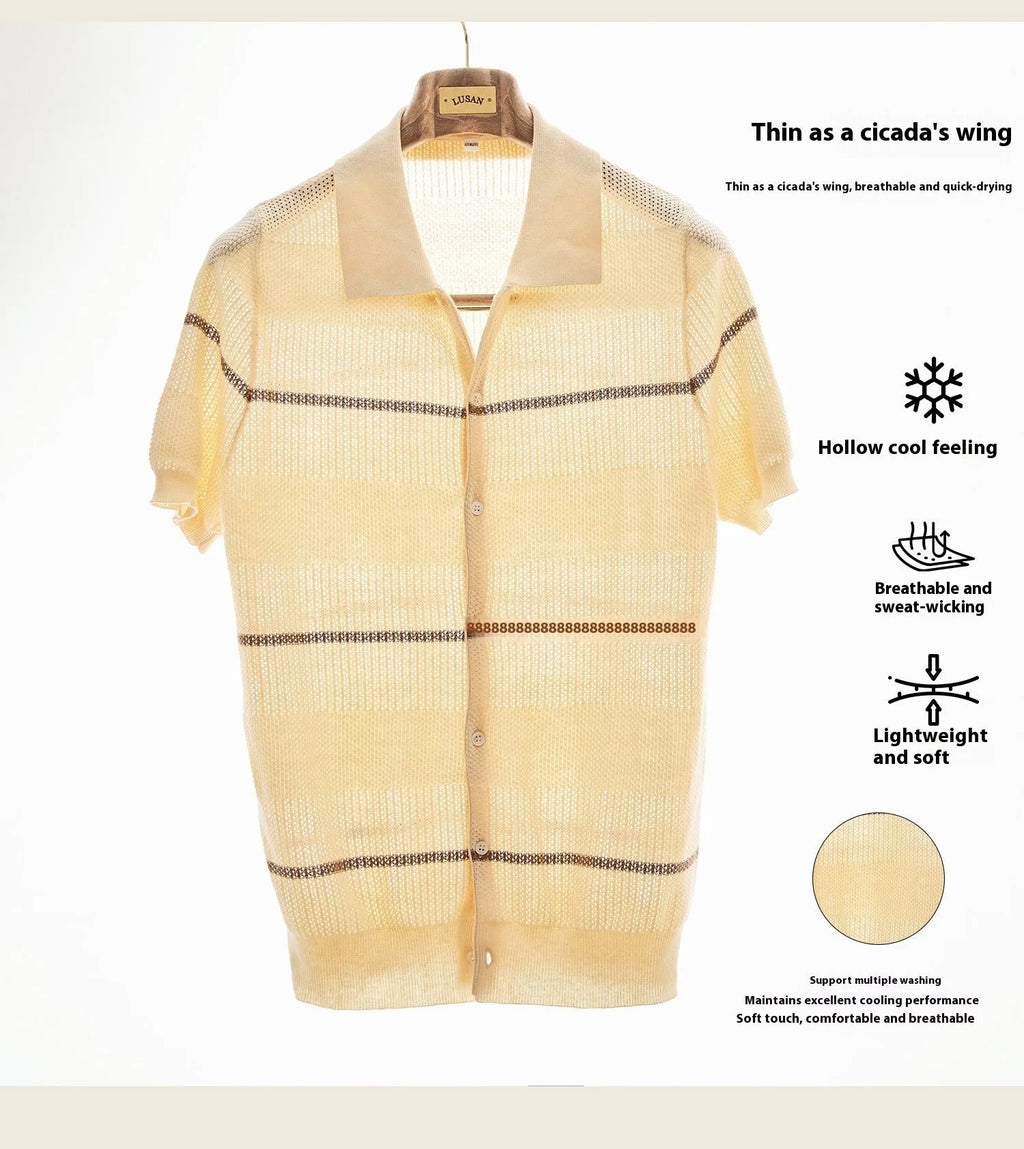 Linen cotton blended cardigan with lapel collar in camel colour, short sleeve design