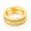 Gold geometric women's ring with zircon stone, showing clean lines and symmetrical design on hand