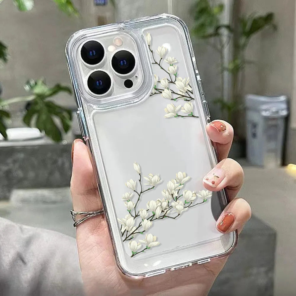 Transparent silicone iPhone case with carved antique flower pattern, shockproof and anti-fall, four colour options.