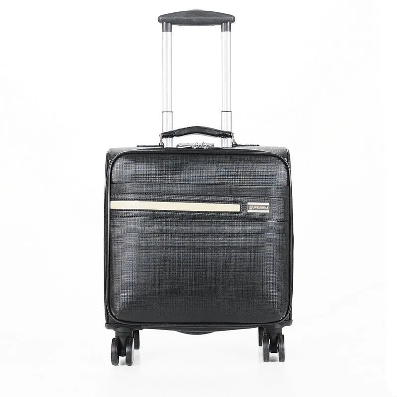Black PU leather business case with airplane wheels and telescopic handle extended