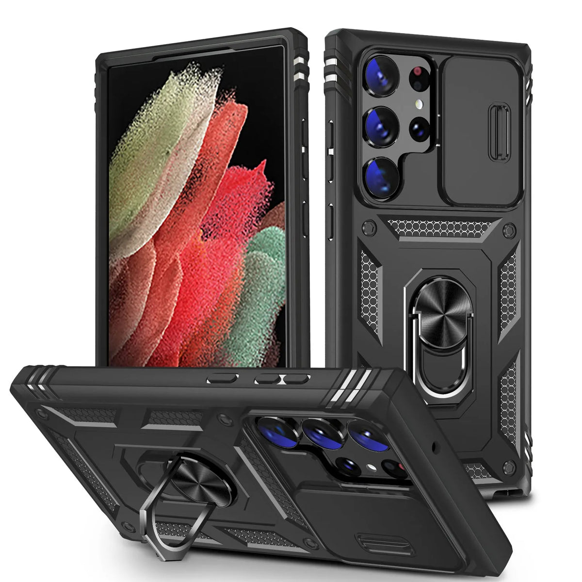 S24 Ultra phone case in black with sliding window bracket and drop-resistant PC cover