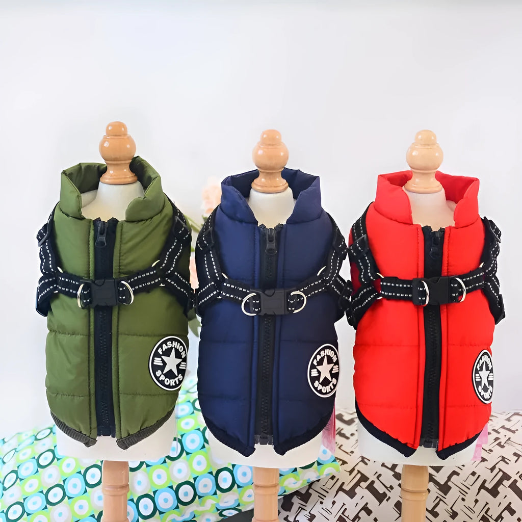 Waterproof dog coat with harness hole in rain silk fabric, available in multiple sizes and colours