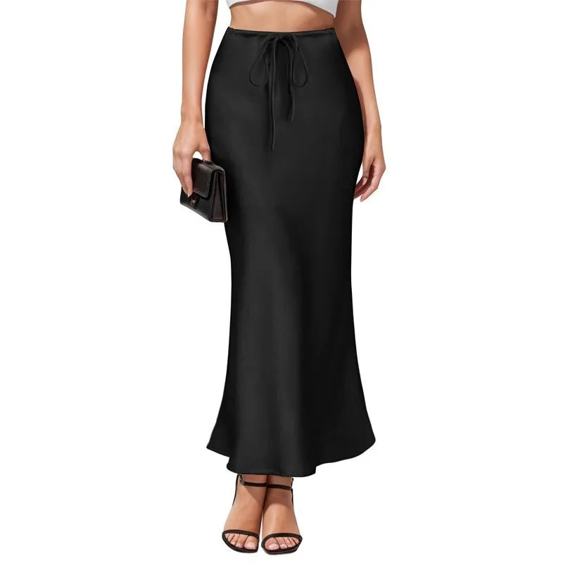Women's high-waisted acetate satin skirt with an asymmetric irregular hem in a solid colour