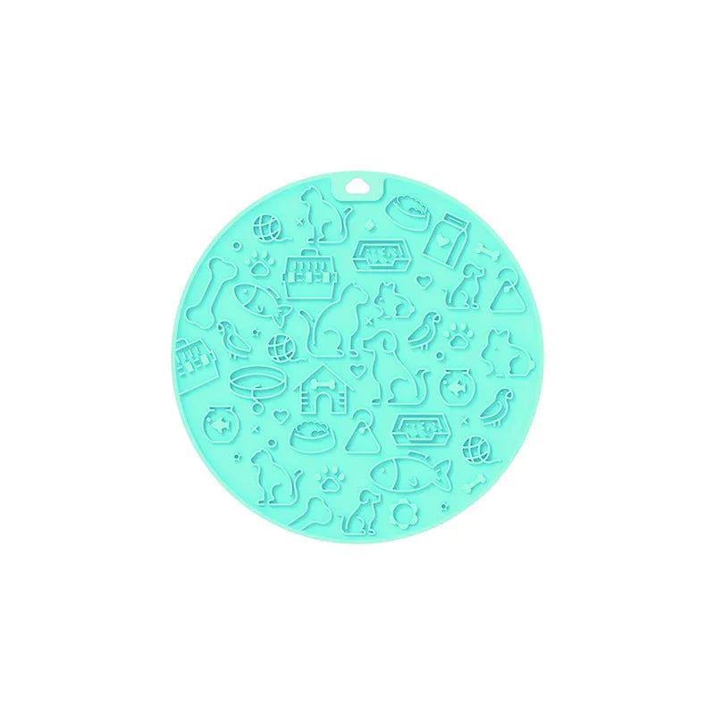 Round grey silicone pet licking mat with textured surface and suction cup base, measuring 21cm diameter