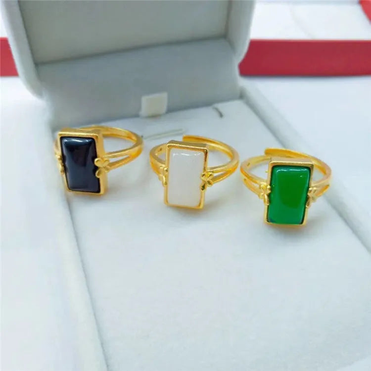 Adjustable brass gold-plated ring with electroplated finish and inlaid gemstone in choice of colours