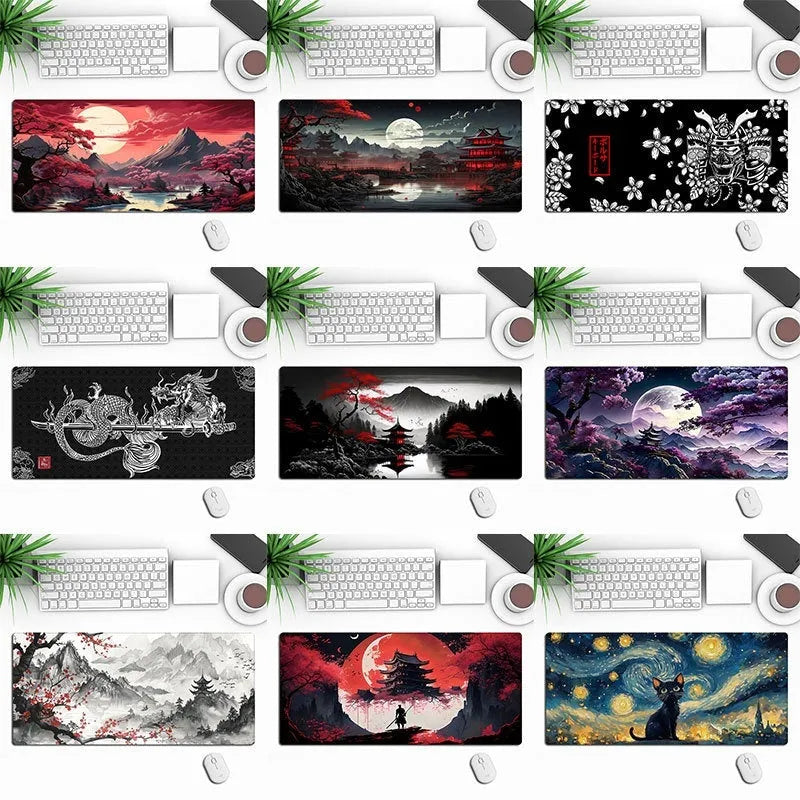 Anime pattern gaming mouse pad with non-slip rubber base in multiple size options on desk