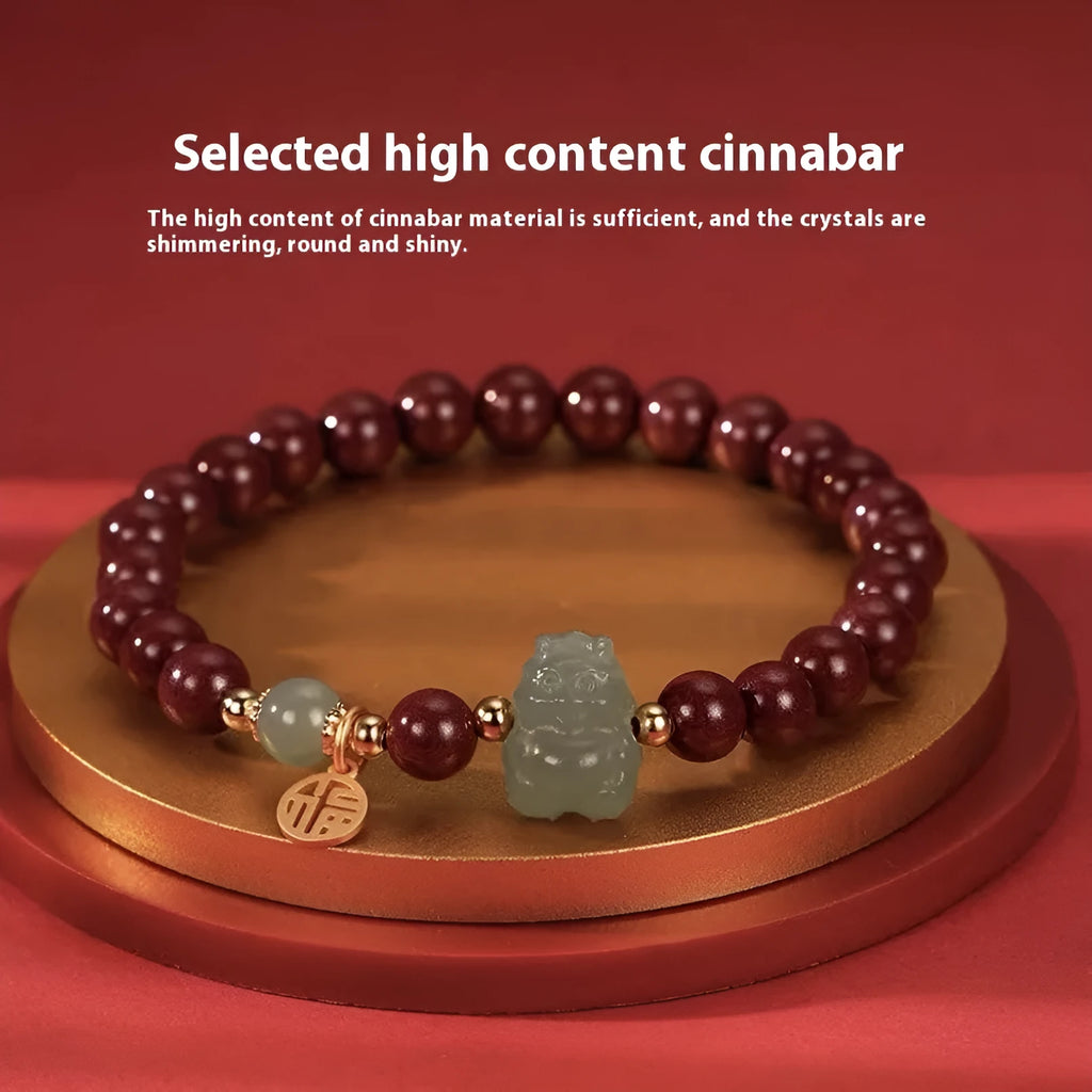 Hetian Jade Cinnabar Bracelet with 8mm beads showing Emperor Sandstone style and Zodiac animal modelling