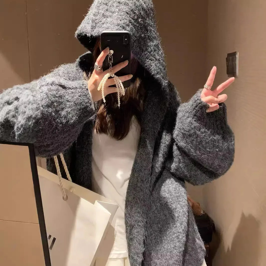 Retro Maillard hooded sweater cardigan for women in dark grey, brown, or milky white with thick acrylic fabric and free size design
