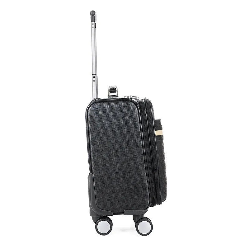 Black PU leather business case with airplane wheels, showing 18-inch height and lock mechanism