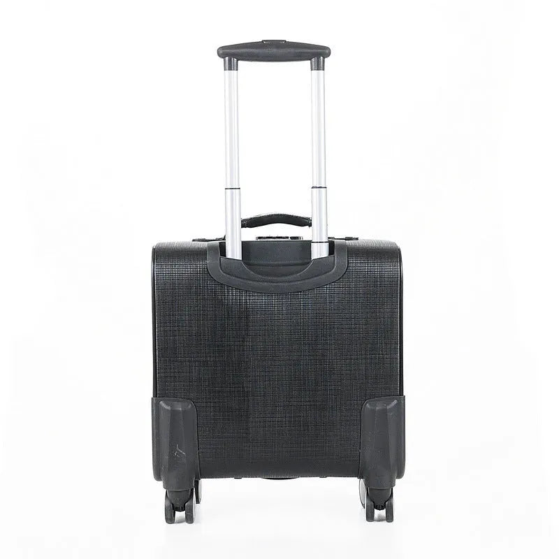 Black PU leather business case with airplane wheels, showing 18-inch height and lock mechanism