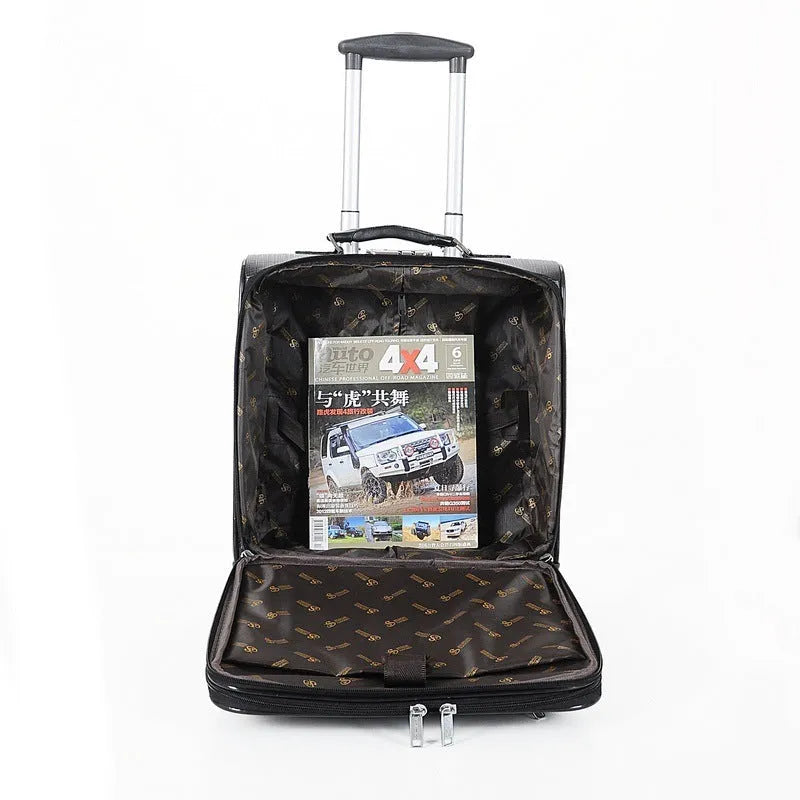 Black PU leather business case with lock and airplane wheels, 18 inches in size
