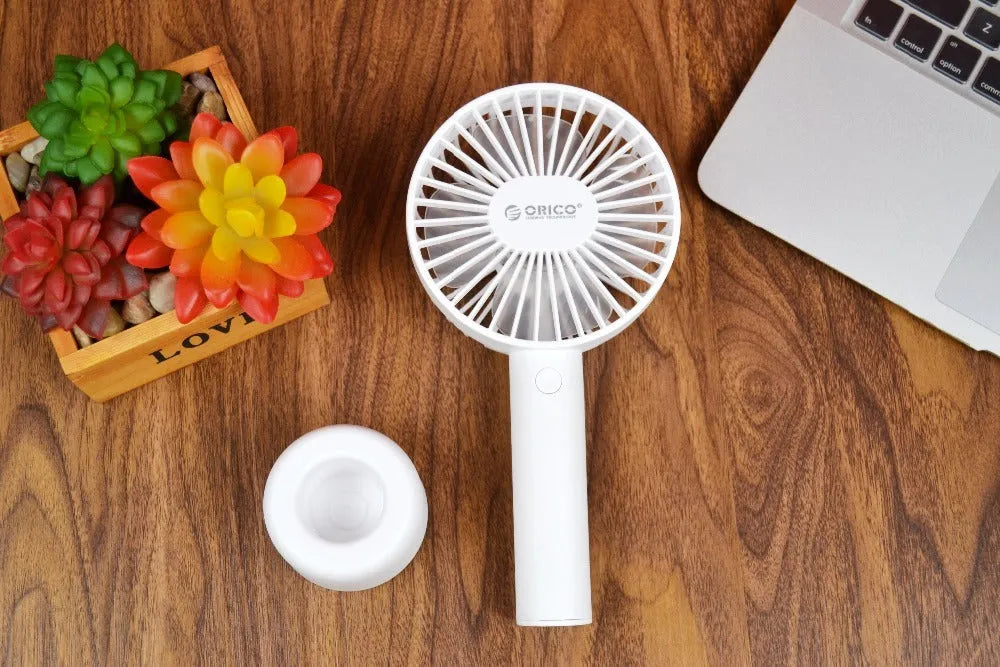 ORICO FH1 white portable USB rechargeable fan with fine lines texture, compact design for desktop use