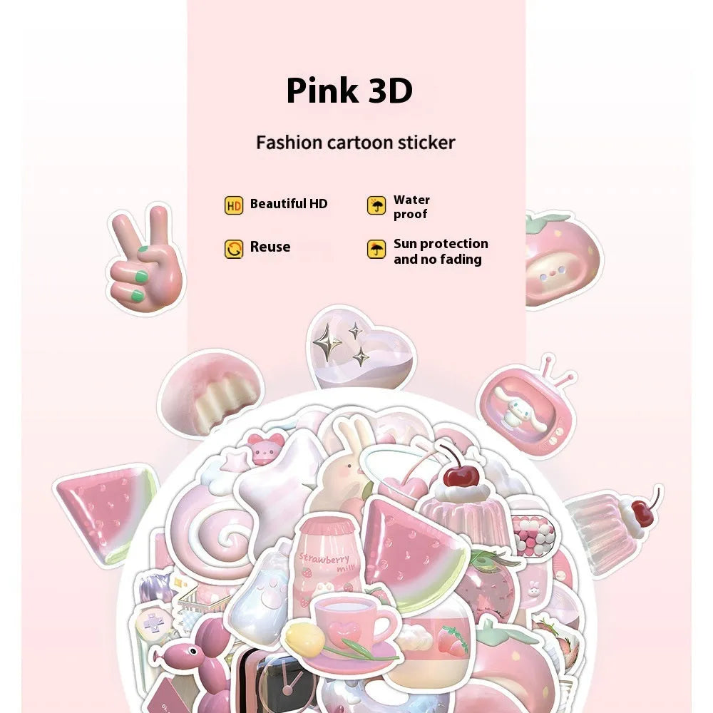Light colour realistic 3D decorative stickers with pink girl heart designs, 63 pieces per pack