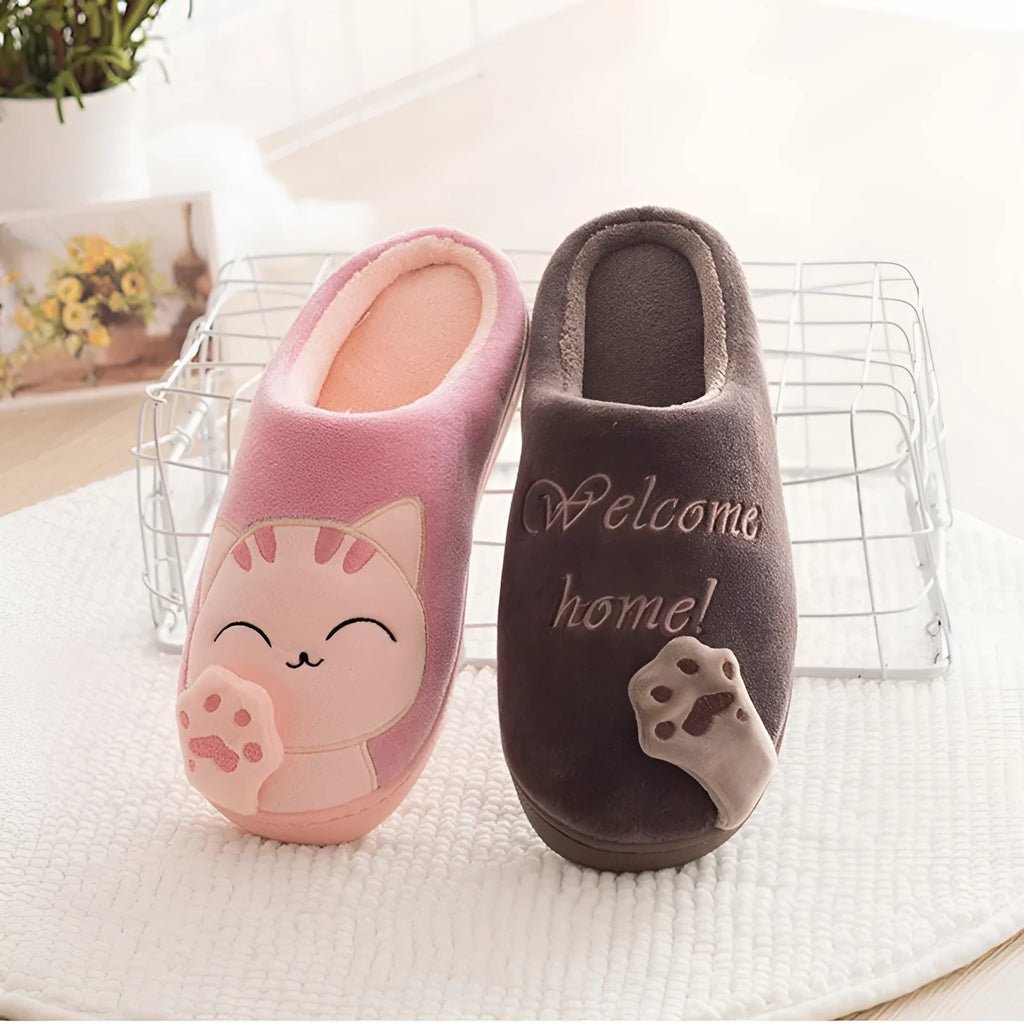 Unisex plush cat slippers with non-slip EVA sole, shown in multiple colours
