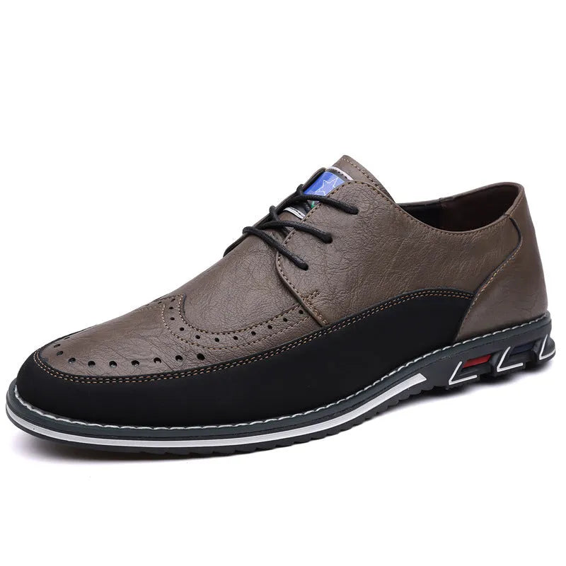 Men's leather shoes with rubber soles in black, grey, khaki and orange colours