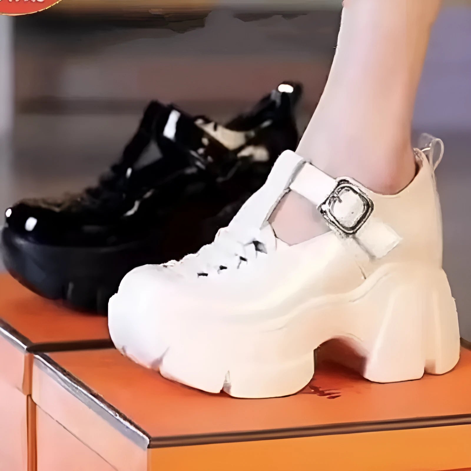 Women's black satin Roman pumps with a skull pattern on a chunky wedge heel and round toe.