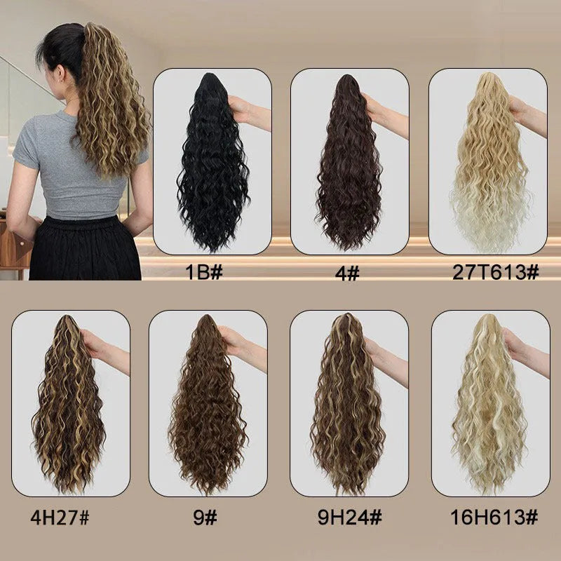 Corn curler wig with water ripple grip ponytail in synthetic high-temperature fibre, shown with hair clip.